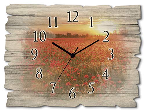 ARTLAND Wanduhr ohne Tickgeräusche aus Holz Funkuhr 40x30 cm Rechteckig Lautlos Mohnblumen Blumen Sonnenuntergang Natur Ländlich S6AM von ARTLAND