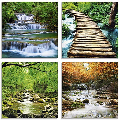 ARTland Glasbilder Wandbild Glas Bild Set 4 teilig je 30x30 cm Quadratisch Natur Wald Urwald Dschungel Wasserfall Fluss Felsen Jahreszeiten S6GL von ARTLAND