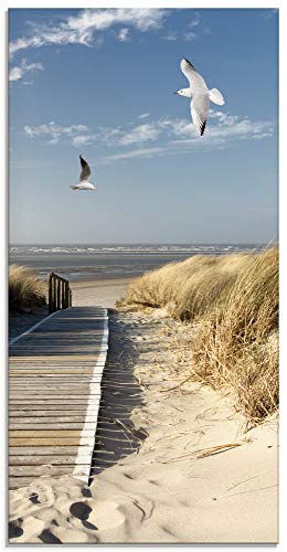 ARTland Glasbilder Wandbild Glas Bild einteilig 50x100 cm Hochformat Strand Meer Nordsee Küste Möwen Himmel Steg Natur Landschaft Dünen T9NJ von ARTLAND