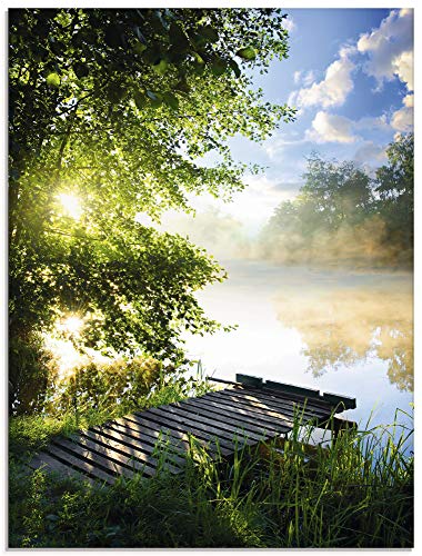 Glasbilder Wandbild Glas Bild einteilig 60x80 cm Hochformat Natur Landschaft Wald Baum See Steg Sommer Sonne Gräser T0WD ARTland von ARTLAND