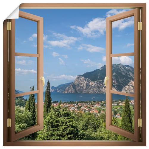 ARTland Poster Kunstdruck Wandposter Bild ohne Rahmen 100x100 cm Fensterbilder Fenster Landschaften Natur Berge See Idyll Gardasee Südtirol U5CD von ARTLAND