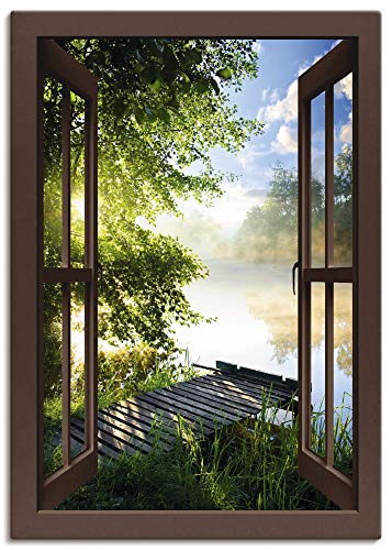 Artland Leinwandbild Wandbild Bild Leinwand 70x100 cm Wanddeko Fensterblick Fenster Landschaft Wald Natur See Angelsteg Sonne Frühling T1DZ von ARTLAND