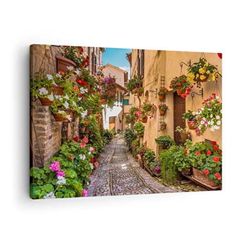 Bilder auf Leinwand Path Blumen Haus Hof Leinwandbild mit Rahmen 70x50cm Wandbilder Dekoration Wohnzimmer Schlafzimmer Küche Deko Klein Wanddeko Bild Wand Kunstdruck Art Wall Decor Canvas AA70x50-3183 von ARTTOR