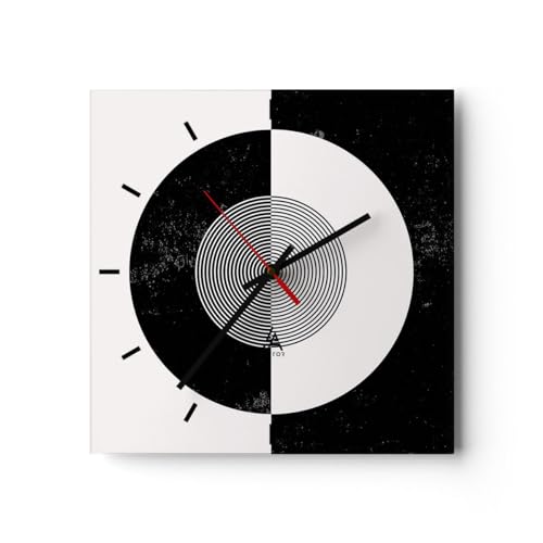 Modern Wanduhr Abstraktion Rad Schwarz und Weiß 40x40cm Quadrat Groß Wand Uhr Glas Analog Zimmeruhren Küche Büro Wohnzimmer Glasuhr Wall Clock Dekoration Design Wanddekoration Küchenuhr C3AC40x40-4316 von ARTTOR