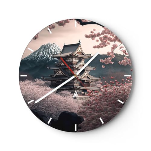 Modern Wanduhr Asien Japan Japanische Kirsche 30x30cm Rund Klein Wand Uhr Glas Analog Zimmeruhren Küche Büro Wohnzimmer Glasuhr Wall Clock Dekoration Design Wanddekoration Küchenuhr C3AR30x30-5734 von ARTTOR