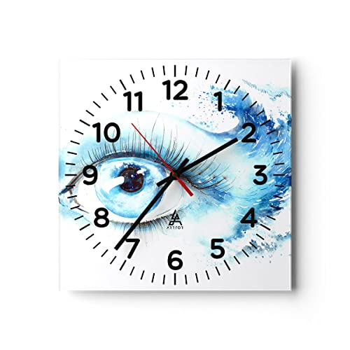 Modern Wanduhr Auge Blau Welle Mensch 40x40cm Quadrat Groß Wand Uhr Glas Analog Zimmeruhren Küche Büro Wohnzimmer Glasuhr Wall Clock Dekoration Design Wanddekoration Küchenuhr C4AC40x40-2996 von ARTTOR