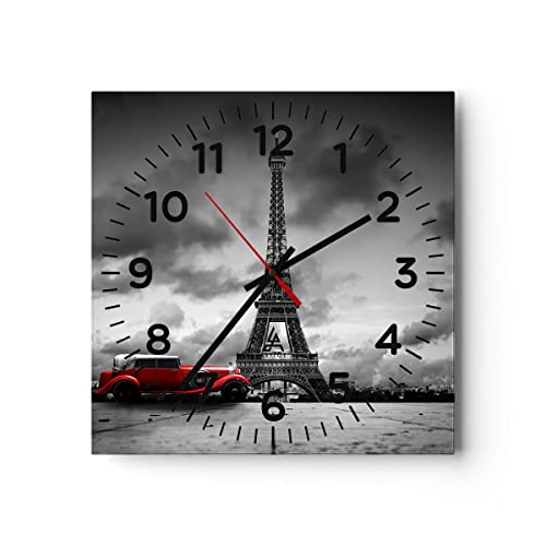 Modern Wanduhr Auto Eiffle Paris Stadt 40x40cm Quadrat Groß Wand Uhr Glas Analog Zimmeruhren Küche Büro Wohnzimmer Glasuhr Wall Clock Dekoration Design Wanddekoration Küchenuhr C4AC40x40-2828 von ARTTOR