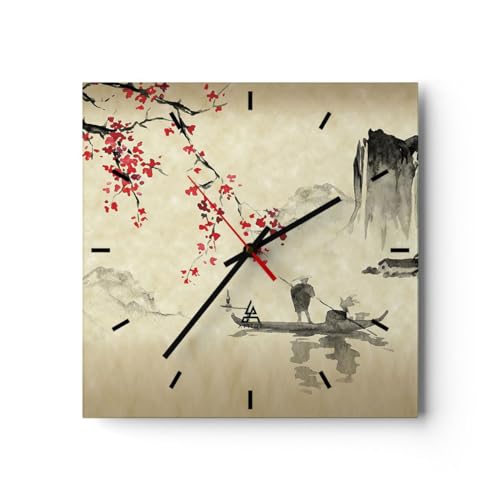 Modern Wanduhr Blume Kirschen Japan 40x40cm Quadrat Groß Wand Uhr Glas Analog Zimmeruhren Küche Büro Wohnzimmer Glasuhr Wall Clock Dekoration Design Wanddekoration Küchenuhr C3AC40x40-5020 von ARTTOR