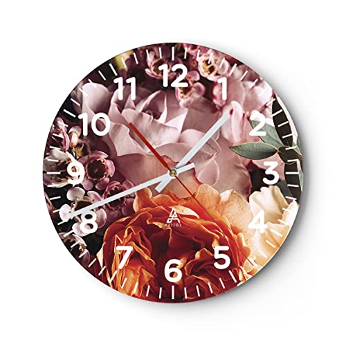 Modern Wanduhr Blumen Getreide Rosen 40x40cm Rund Groß Wand Uhr Glas Analog Zimmeruhren Küche Büro Wohnzimmer Glasuhr Wall Clock Dekoration Design Wanddekoration Küchenuhr C4AR40x40-4692 von ARTTOR