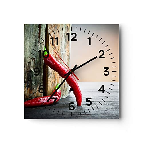 Modern Wanduhr Chili Gewürz Gemüse 40x40cm Quadrat Groß Wand Uhr Glas Analog Zimmeruhren Küche Büro Wohnzimmer Glasuhr Wall Clock Dekoration Design Wanddekoration Küchenuhr C4AC40x40-2264 von ARTTOR