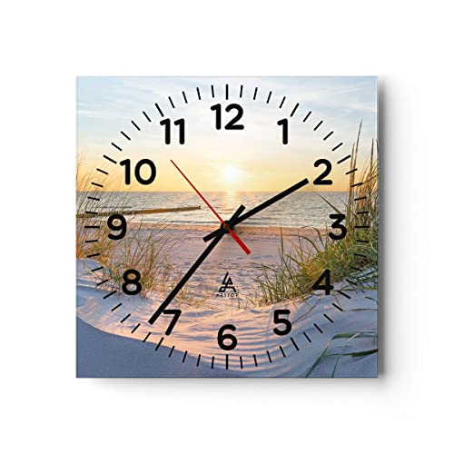 Modern Wanduhr Düne Strand Meer 40x40cm Quadrat Groß Wand Uhr Glas Analog Zimmeruhren Küche Büro Wohnzimmer Glasuhr Wall Clock Dekoration Design Wanddekoration Küchenuhr C4AC40x40-3989 von ARTTOR