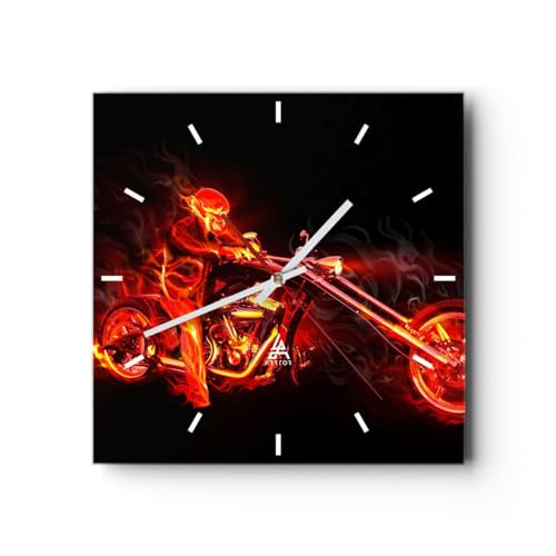 Modern Wanduhr Flammen Motorrad Skelett 40x40cm Quadrat Groß Wand Uhr Glas Analog Zimmeruhren Küche Büro Wohnzimmer Glasuhr Wall Clock Dekoration Design Wanddekoration Küchenuhr C3AC40x40-0148 von ARTTOR