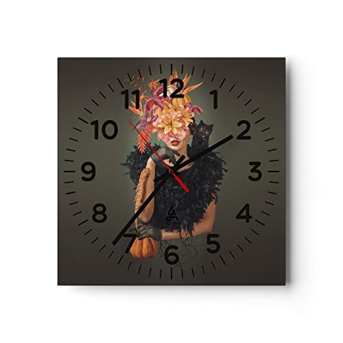 Modern Wanduhr Frau Katze Blumen 30x30cm Quadrat Klein Wand Uhr Glas Analog Zimmeruhren Küche Büro Wohnzimmer Glasuhr Wall Clock Dekoration Design Wanddekoration Küchenuhr C4AC30x30-4825 von ARTTOR