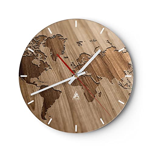 Modern Wanduhr Geographie Globus Karte 30x30cm Rund Klein Wand Uhr Glas Analog Zimmeruhren Küche Büro Wohnzimmer Glasuhr Wall Clock Dekoration Design Wanddekoration Küchenuhr C3AR30x30-3042 von ARTTOR