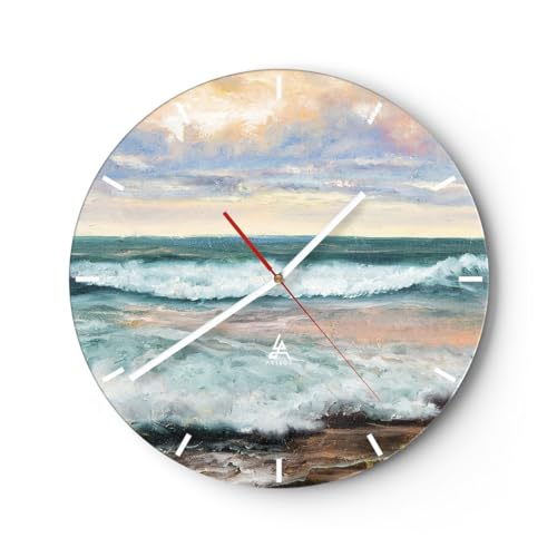 Modern Wanduhr Landschaft Meer Strand 40x40cm Rund Groß Wand Uhr Glas Analog Zimmeruhren Küche Büro Wohnzimmer Glasuhr Wall Clock Dekoration Design Wanddekoration Küchenuhr C3AR40x40-5389 von ARTTOR