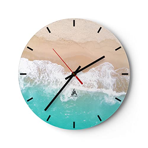 Modern Wanduhr Meer Welle Sand 30x30cm Rund Klein Wand Uhr Glas Analog Zimmeruhren Küche Büro Wohnzimmer Glasuhr Wall Clock Dekoration Design Wanddekoration Küchenuhr C3AR30x30-3937 von ARTTOR