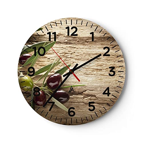 Modern Wanduhr Oliv Italien Aroma diät 30x30cm Rund Klein Wand Uhr Glas Analog Zimmeruhren Küche Büro Wohnzimmer Glasuhr Wall Clock Dekoration Design Wanddekoration Küchenuhr C4AR30x30-2420 von ARTTOR