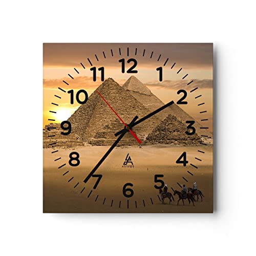 Modern Wanduhr Pyramide ägypten wüste 40x40cm Quadrat Groß Wand Uhr Glas Analog Zimmeruhren Küche Büro Wohnzimmer Glasuhr Wall Clock Dekoration Design Wanddekoration Küchenuhr C4AC40x40-2196 von ARTTOR