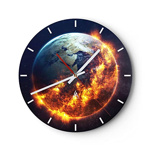 Modern Wanduhr Universum Erde Feuer Globus 40x40cm Rund Groß Wand Uhr Glas Analog Zimmeruhren Küche Büro Wohnzimmer Glasuhr Wall Clock Dekoration Design Wanddekoration Küchenuhr C3AR40x40-2875 von ARTTOR