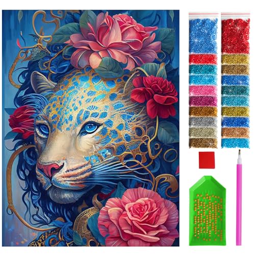ARTULIO Diamond Painting Set - Gepard unter roten Blumen - 30x40 cm – 5D Diamant Painting Bilder DIY, Diamond Painting Erwachsene von ARTULIO