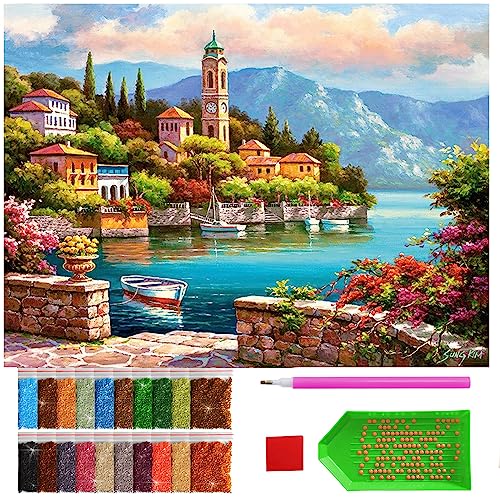 ARTULIO Diamond Painting Set - Mittelmeerstadt mit Bergblick - 30x40 cm – 5D Diamant Painting Bilder, Diamond Painting Erwachsene von ARTULIO