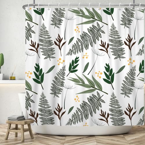 ASDCXZ Blätter Duschvorhang 180x180 cm, Frühling Einfachheit Grün Braun Blätter Gelb Spot Weiß Bad Waschbar Duschvorhänge Polyester Textil Wasserdicht Badevorhang für Badewanne mit 12 Haken von ASDCXZ