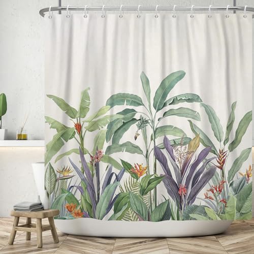 ASDCXZ Blätter Duschvorhang 180x200 cm, Modern Grün Lila Blätter Tropischer Pflanzen Rosa Rot Blumen Waschbar Bad Duschvorhänge Polyester Textil Wasserdicht Duschvorhang für Badewanne mit 12 Haken von ASDCXZ