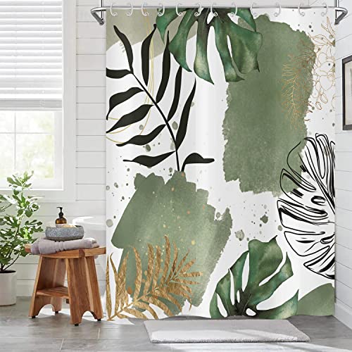 ASDCXZ Boho Duschvorhang 240x180 cm (BxL), Moderne Abstrakt Kunst Boho Grün Schwarz Gold Palm Blätter Waschbar Duschvorhänge Textil Wasserdicht Duschvorhang für Badewanne mit 12 Haken von ASDCXZ