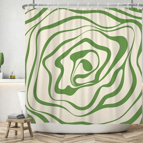ASDCXZ Duschvorhang 180x200 cm, Modern Einfachheit Grün Beige Unregelmäßig Welle Muster Bad Waschbar Duschvorhänge Polyester Textil Wasserdicht Badevorhang für Badewanne mit 12 Haken von ASDCXZ
