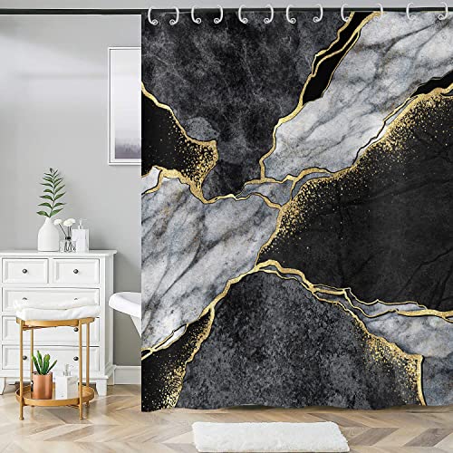 ASDCXZ Duschvorhang Marmor 180x200 cm, Modern Schwarz Grau Gold Natur Marmor Optik Textur Waschbar Bad Duschvorhänge Wasserdicht Polyester Textil Duschvorhang für Badewanne mit 12 Duschvorhang Hake von ASDCXZ