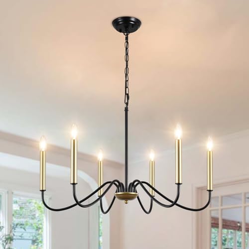 ASHUAQI Kronleuchter Schwarz Gold, 6 Flammige Modern Wohnzimmerlampe Klassische Kerze Kronleuchter Vintage, Metall Pendelleuchte Esstisch mit E14 Fassung, Lampe für Wohnzimmer Küche Schlafzimmer Flur von ASHUAQI