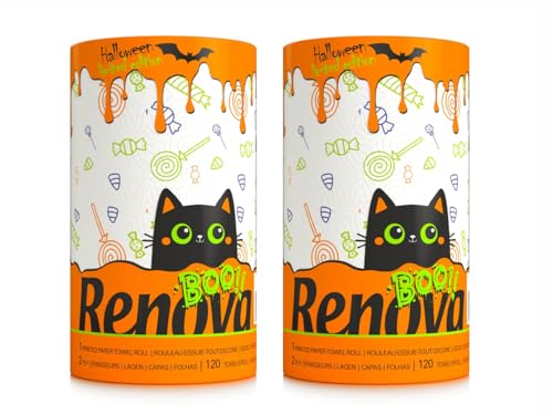 2 Rollen Renova Maxi Halloween Rolle Küchenpapier - Küchenrolle - Haushaltstücher - Papiertücher - bedruckt Halloweenmotive - 1 Rolle = 3 Standard Rollen - 120 Blätter von ASKON