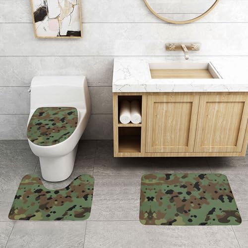 ASPOIJHN 3-teiliges Badezimmerteppich-Set, Camouflage-Muster, rutschfeste Konturmatte und WC-Deckelbezug, leicht zu reinigen von ASPOIJHN