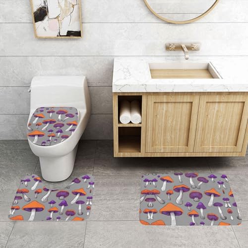 ASPOIJHN 3-teiliges Badezimmerteppich-Set, Motiv: helle Pilze, rutschfeste Konturmatte und WC-Deckelbezug, leicht zu reinigen von ASPOIJHN