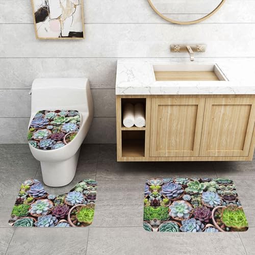 ASPOIJHN 3-teiliges Badezimmerteppich-Set, bunte Sukkulenten, leicht zu reinigen, rutschfeste Konturmatte und WC-Deckelbezug von ASPOIJHN