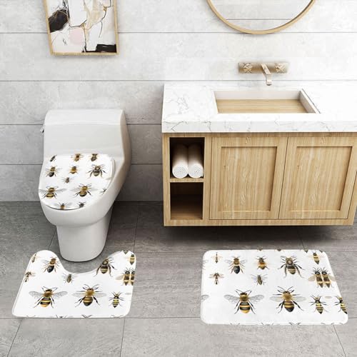 ASPOIJHN 3-teiliges Badezimmerteppich-Set, lustige Bienen, rutschfeste Konturmatte und WC-Deckelbezug von ASPOIJHN