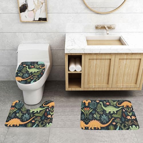 ASPOIJHN 3-teiliges Badezimmerteppich-Set, niedlicher Dinosaurier, rutschfeste Konturmatte und WC-Deckelbezug von ASPOIJHN