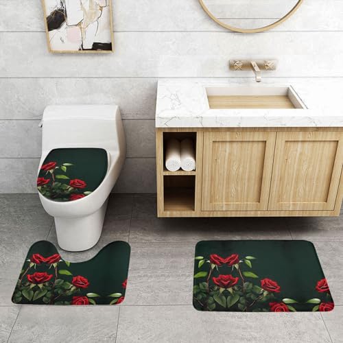 ASPOIJHN 3-teiliges Badezimmerteppich-Set, rutschfeste Konturmatte und WC-Deckelbezug, leicht zu reinigen, Rot von ASPOIJHN