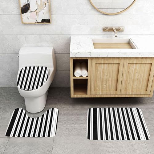 ASPOIJHN 3-teiliges Badezimmerteppich-Set, rutschfeste Konturmatte und WC-Deckelbezug, leicht zu reinigen, Schwarz und Weiß gestreift von ASPOIJHN