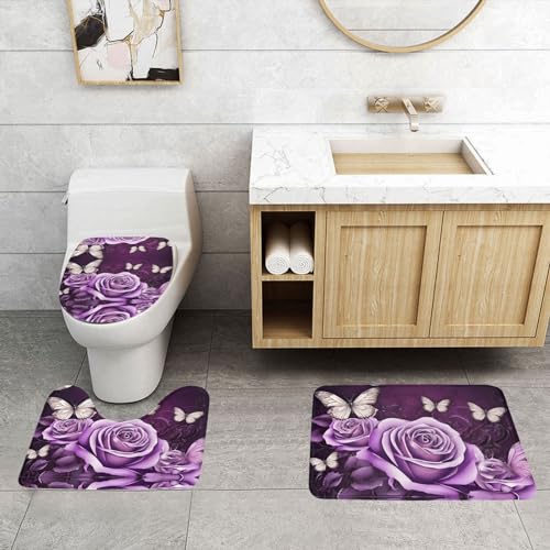 ASPOIJHN 3-teiliges Badezimmerteppich-Set, rutschfeste Konturmatte und WC-Deckelbezug, leicht zu reinigen, Violett von ASPOIJHN