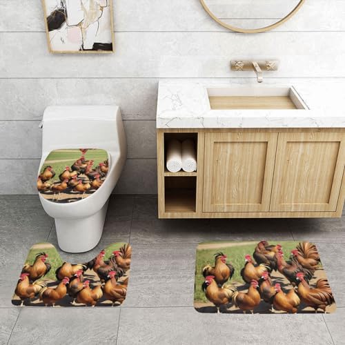 ASPOIJHN 3-teiliges Badezimmerteppich-Set mit Bauernhof-Hahn-Muster, leicht zu reinigen, rutschfeste Konturmatte und WC-Deckelbezug von ASPOIJHN