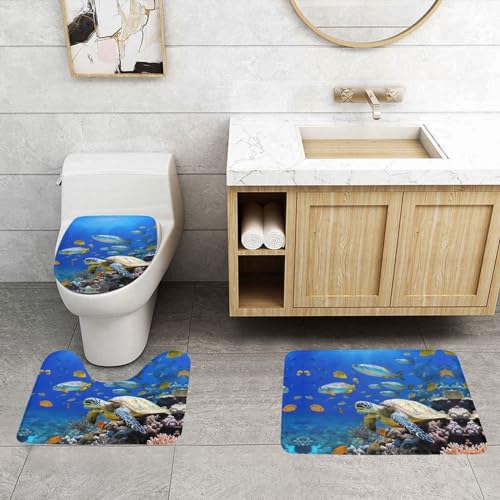ASPOIJHN Badezimmerteppich-Set, Meeresschildkröte mit Fischen, leicht zu reinigen, rutschfeste Konturmatte und WC-Deckelbezug, 3-teilig von ASPOIJHN