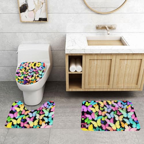 ASPOIJHN Badezimmerteppich-Set, Motiv: Schmetterlinge, leicht zu reinigen, rutschfeste Konturmatte und WC-Deckelbezug, 3-teilig von ASPOIJHN