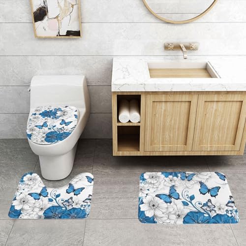 ASPOIJHN Badezimmerteppich-Set, Motiv: blaue Schmetterlinge, weiße Blumen, leicht zu reinigen, rutschfeste Konturmatte und WC-Deckelbezug, 3-teilig von ASPOIJHN
