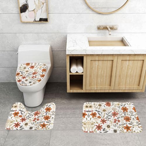 ASPOIJHN Badezimmerteppich-Set, Retro-Design, leicht zu reinigen, rutschfeste Konturmatte und WC-Deckelbezug, 3-teilig von ASPOIJHN
