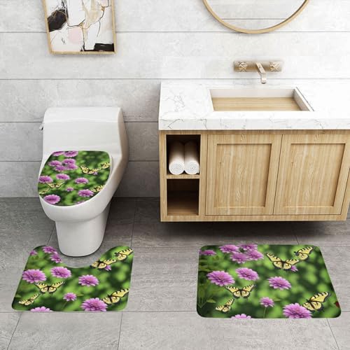 ASPOIJHN Badezimmerteppich-Set, Schmetterlingsmotiv und violette Blumen, leicht zu reinigen, rutschfeste Konturmatte und WC-Deckelbezug, 3-teilig von ASPOIJHN