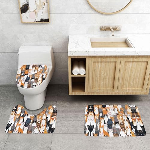 ASPOIJHN Badezimmerteppich-Set, bunt, Cartoon-Pferde, leicht zu reinigen, rutschfeste Konturmatte und WC-Deckelbezug, 3-teilig von ASPOIJHN