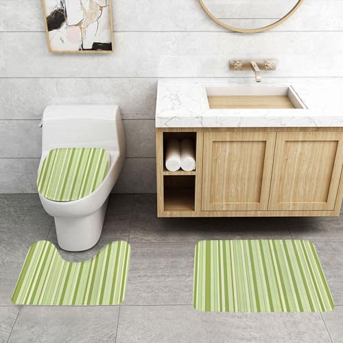 ASPOIJHN Badezimmerteppich-Set, klassisch, grün gestreift, leicht zu reinigen, rutschfeste Konturmatte und WC-Deckelbezug von ASPOIJHN