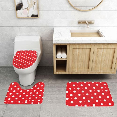 ASPOIJHN Badezimmerteppich-Set, leicht zu reinigen, rutschfeste Konturmatte und WC-Deckelbezug, Rot und Weiß gepunktet, 3-teilig von ASPOIJHN