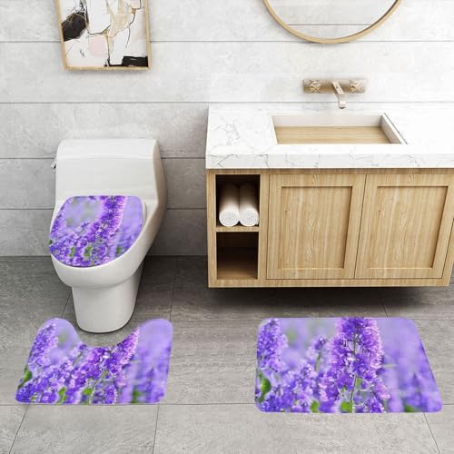 ASPOIJHN Badezimmerteppich-Set, rutschfeste Konturmatte und WC-Deckelbezug, leicht zu reinigen, lila Lavendelfarben, 3-teilig von ASPOIJHN
